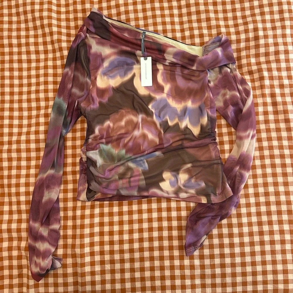 Anthropologie Pink and Brown Asymmetric Mesh Top -  M - Picture 3 of 4